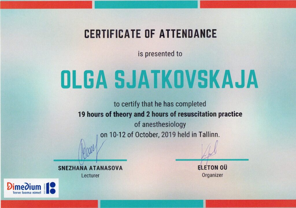 Olga Sjatkovskajan sertifikaatti: anaesthesiology tallinn 2019 1024x721
