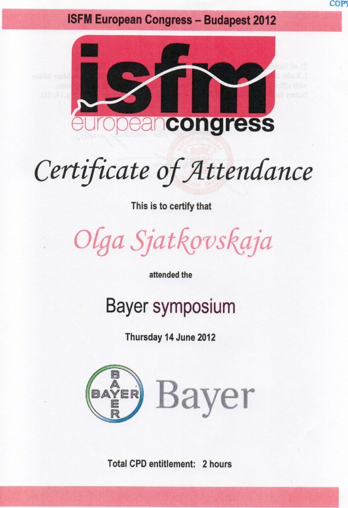 Olga Sjatkovskajan sertifikaatti: bayer symposium 2012 703x1024