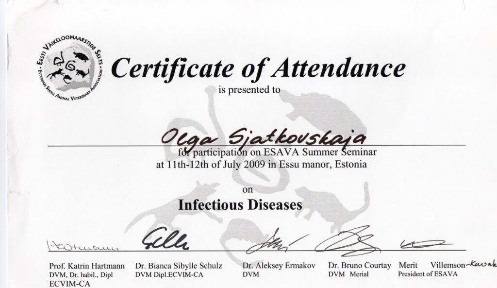 Olga Sjatkovskajan sertifikaatti: certificate esava infectious diseases 2009 1024x593