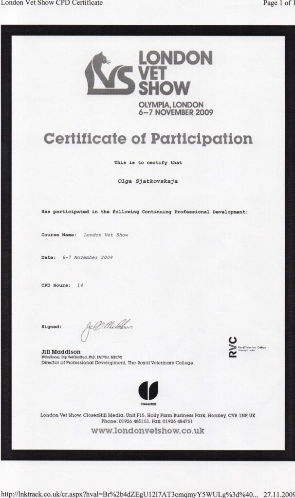 Olga Sjatkovskajan sertifikaatti: certificate london vet show 2009 606x1024