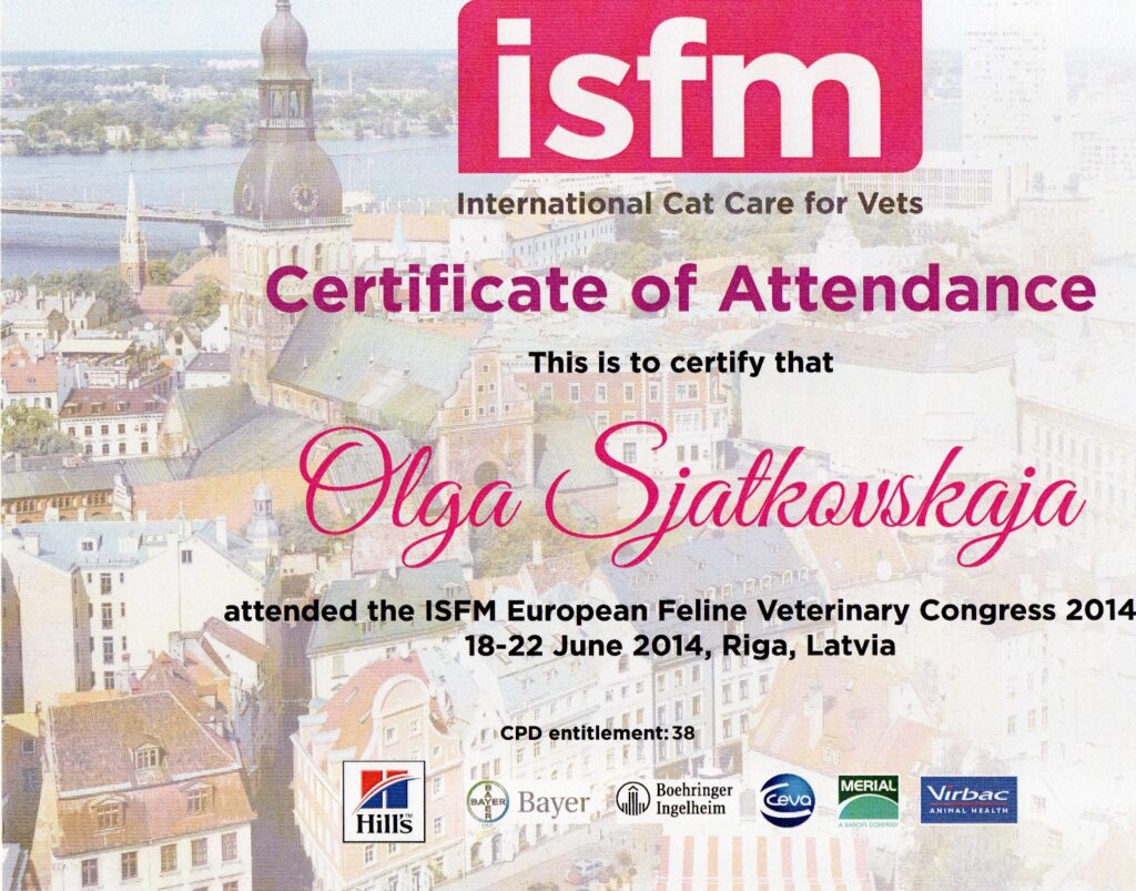 Olga Sjatkovskajan sertifikaatti: isfm congress 2014 riga 1024x803