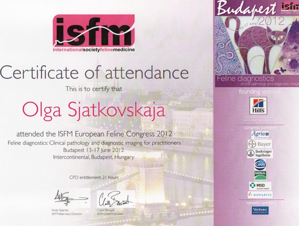 Olga Sjatkovskajan sertifikaatti: isfm european feline congress 2012 1024x776