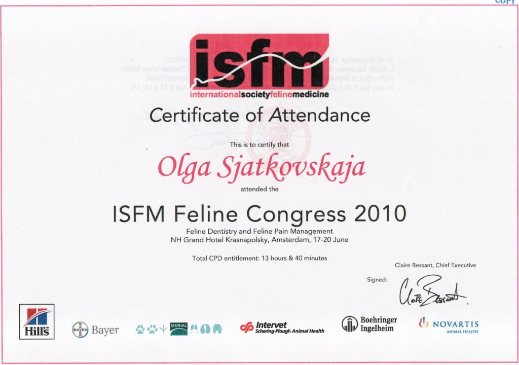 Olga Sjatkovskajan sertifikaatti: isfm feline congress 2010 1024x720