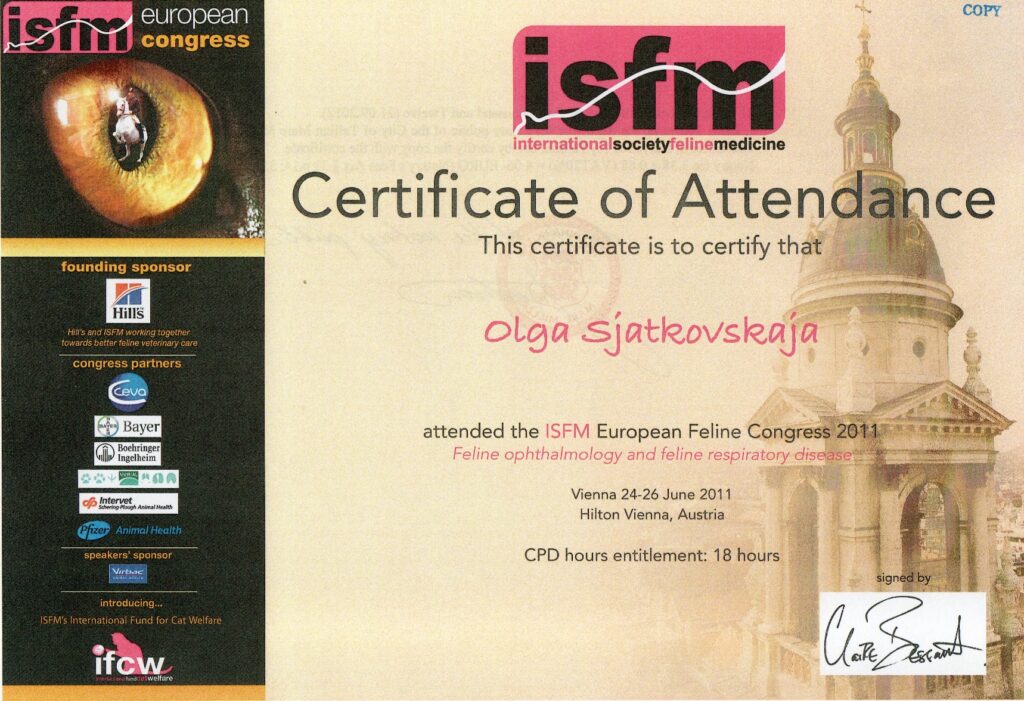 Olga Sjatkovskajan sertifikaatti: isfm feline congress 2011 1024x701