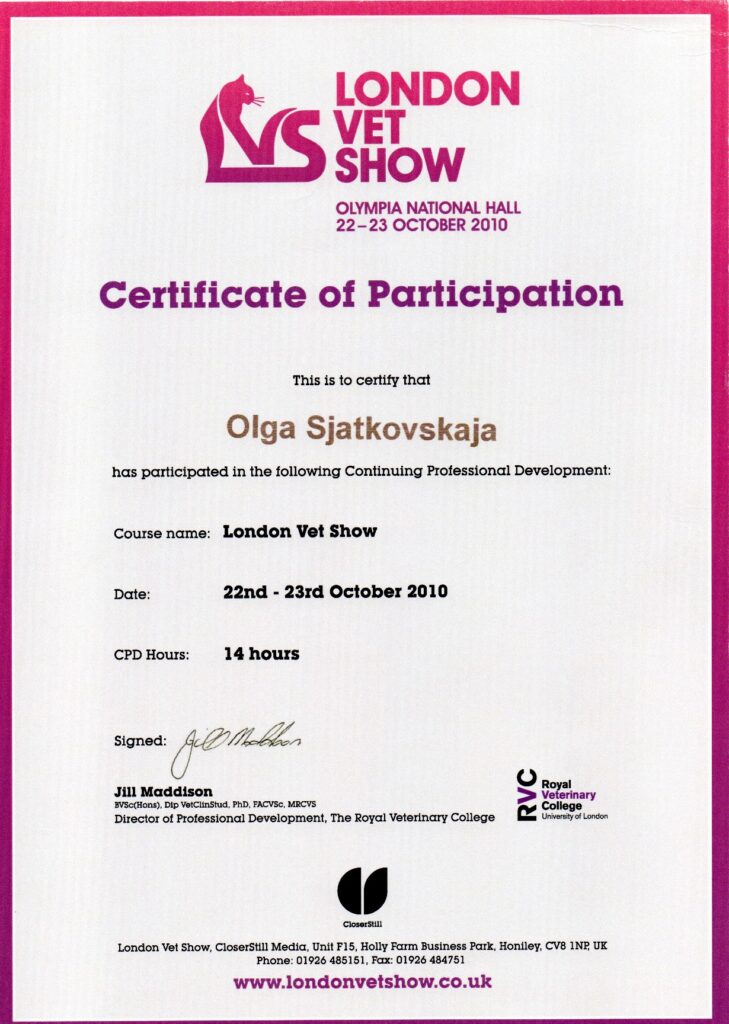 Olga Sjatkovskajan sertifikaatti: london vet show 2010 729x1024