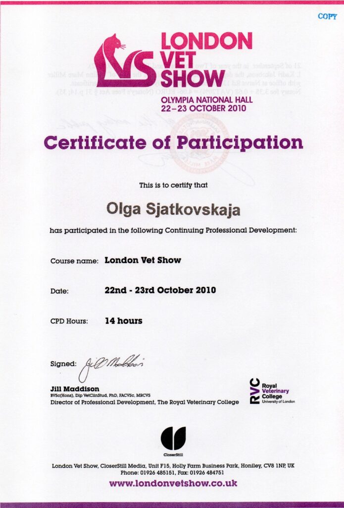 Olga Sjatkovskajan sertifikaatti: london veterinar show 2010 695x1024
