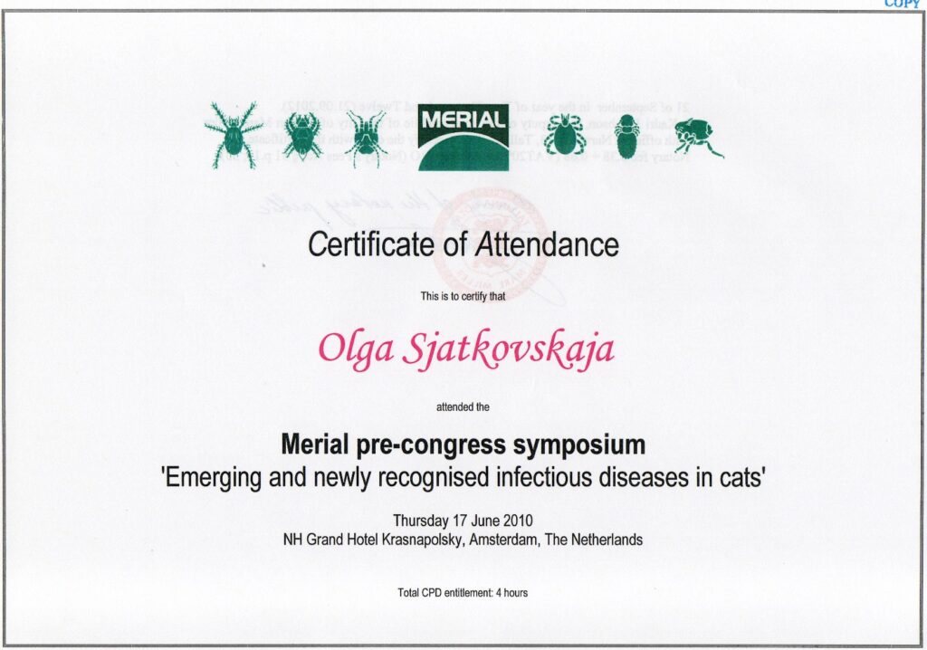 Olga Sjatkovskajan sertifikaatti: merial precongress 2010 1024x718