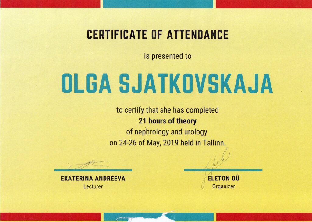 Olga Sjatkovskajan sertifikaatti: nephrology urology tallinn 2019 1024x730