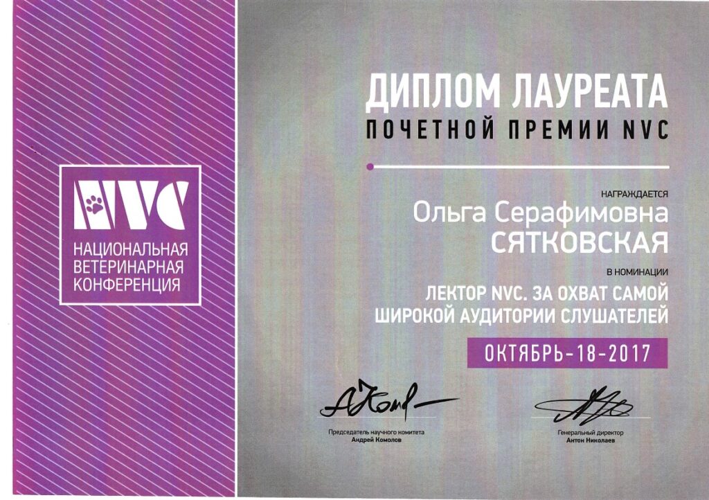 Olga Sjatkovskajan sertifikaatti: nvc award 2017 1024x722