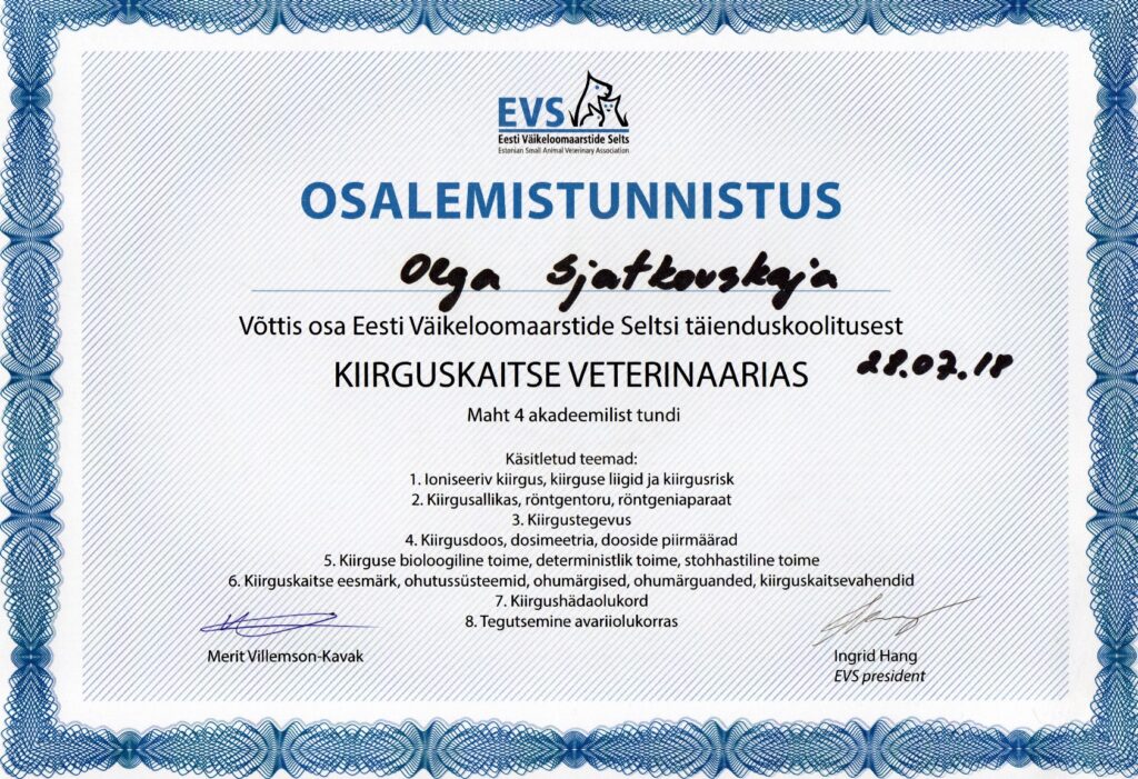 Olga Sjatkovskajan sertifikaatti: radiation safety training evs 1024x701