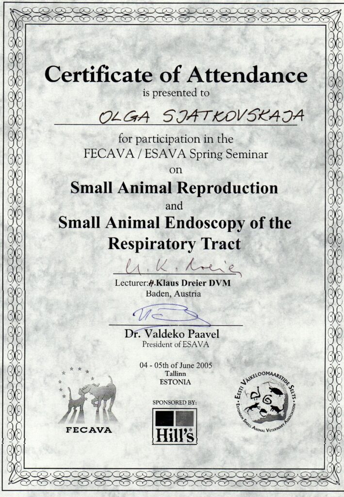 Olga Sjatkovskajan sertifikaatti: veterinary dermatology moscow 2001 709x1024